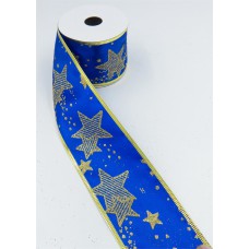 2.5 Inch Wired Christmas Ribbon with Gold Metallic Stars on Royal Blue Satin, 2-1/2 In. X 10 Yds (Lot of 1 Spool) SALE ITEM